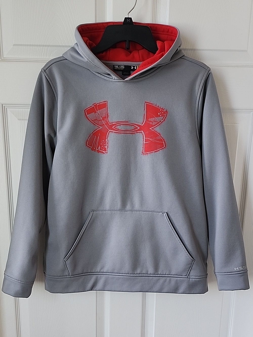 Under Armour Gray Hoodie with Red Logo and Lined Hood - Size Youth XL